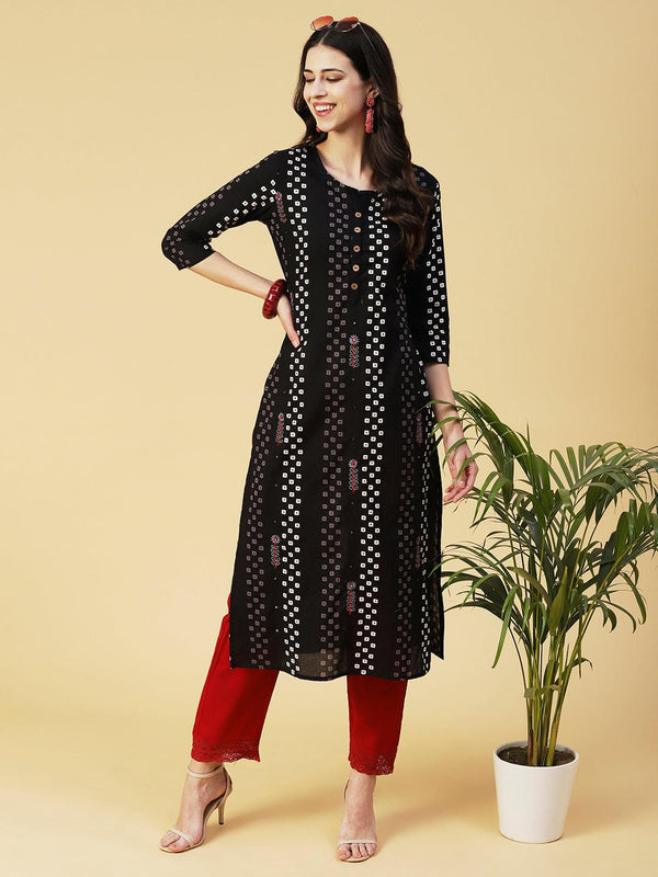 Geometric Printed Mirror Embroidered Kurta - Black - Indiakreations