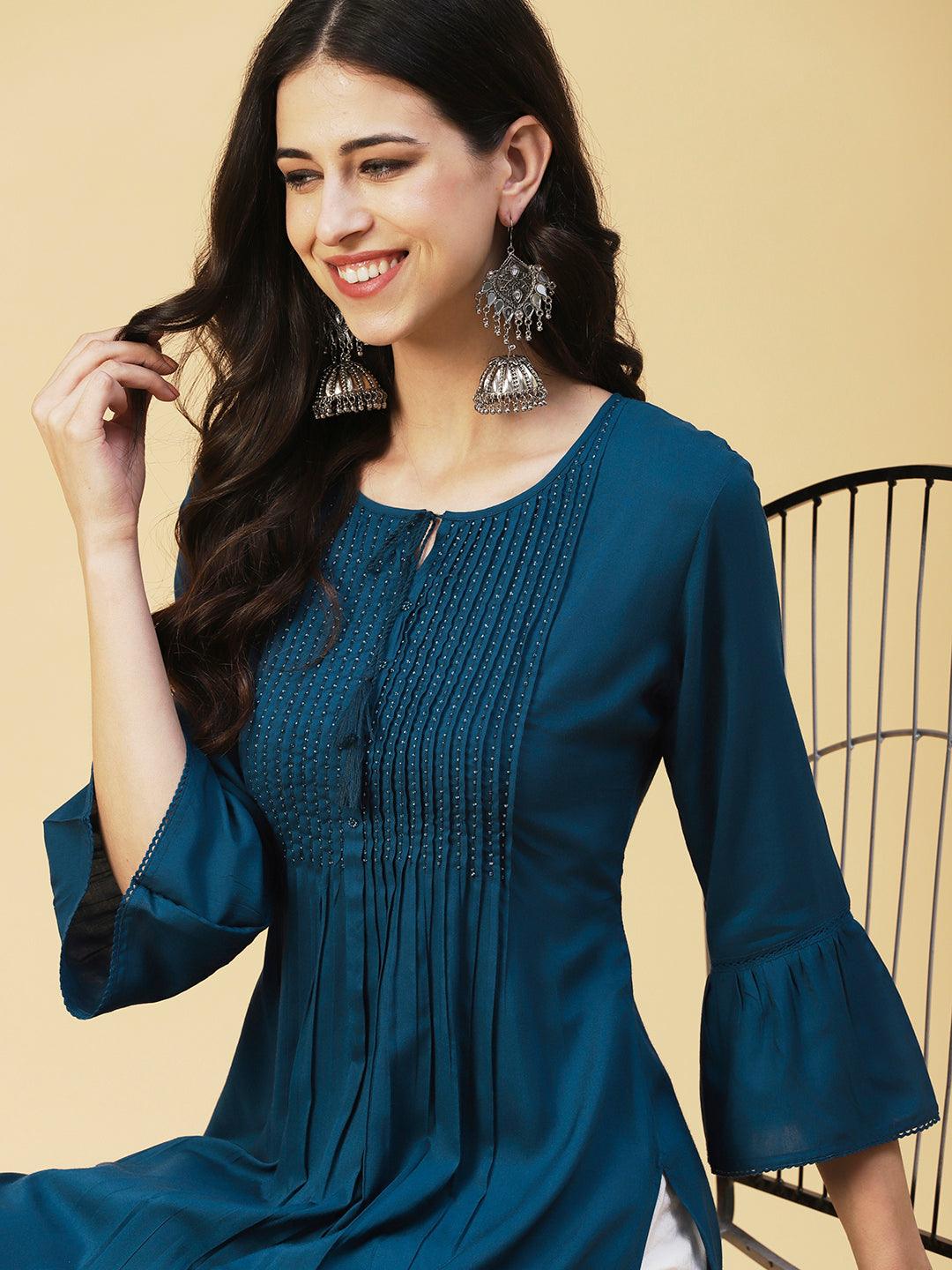 Solid Beads Embroidered Pin Tucks Kurta - Blue - Indiakreations