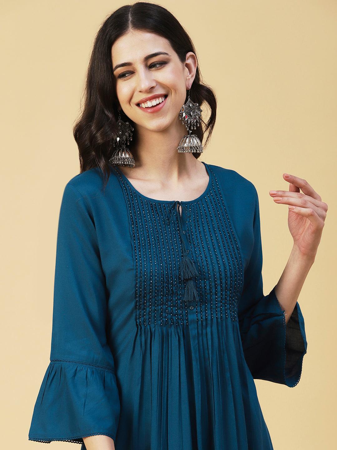 Solid Beads Embroidered Pin Tucks Kurta - Blue - Indiakreations