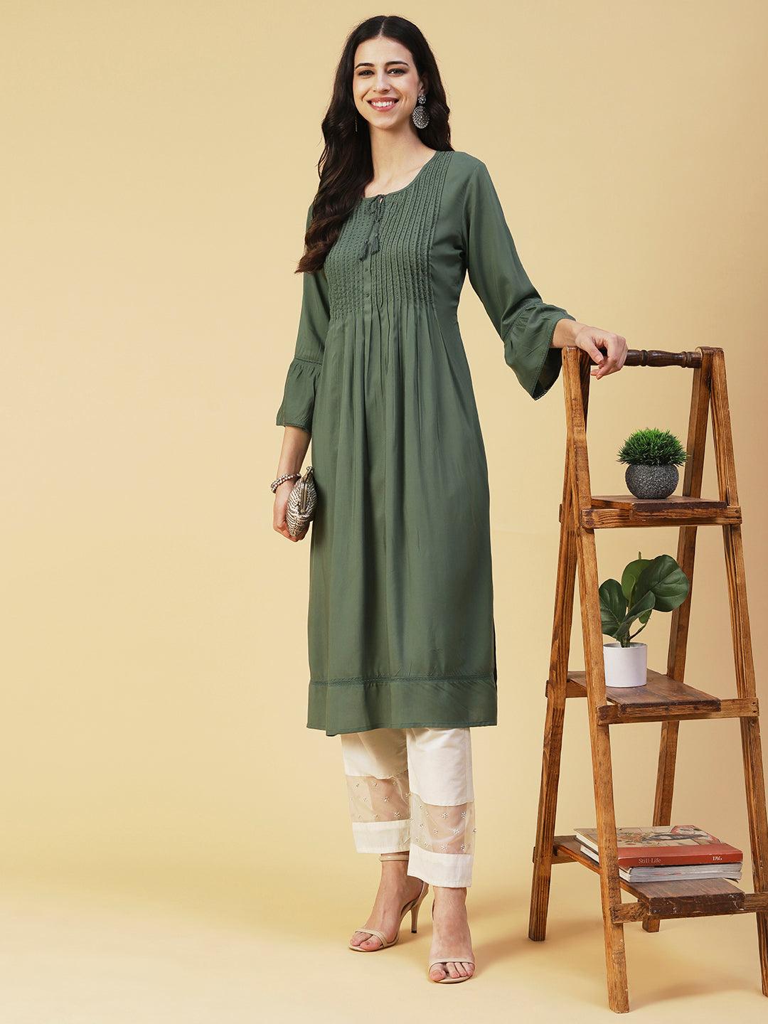 Solid Beads Embroidered Pin Tucks Kurta - Olive - Indiakreations