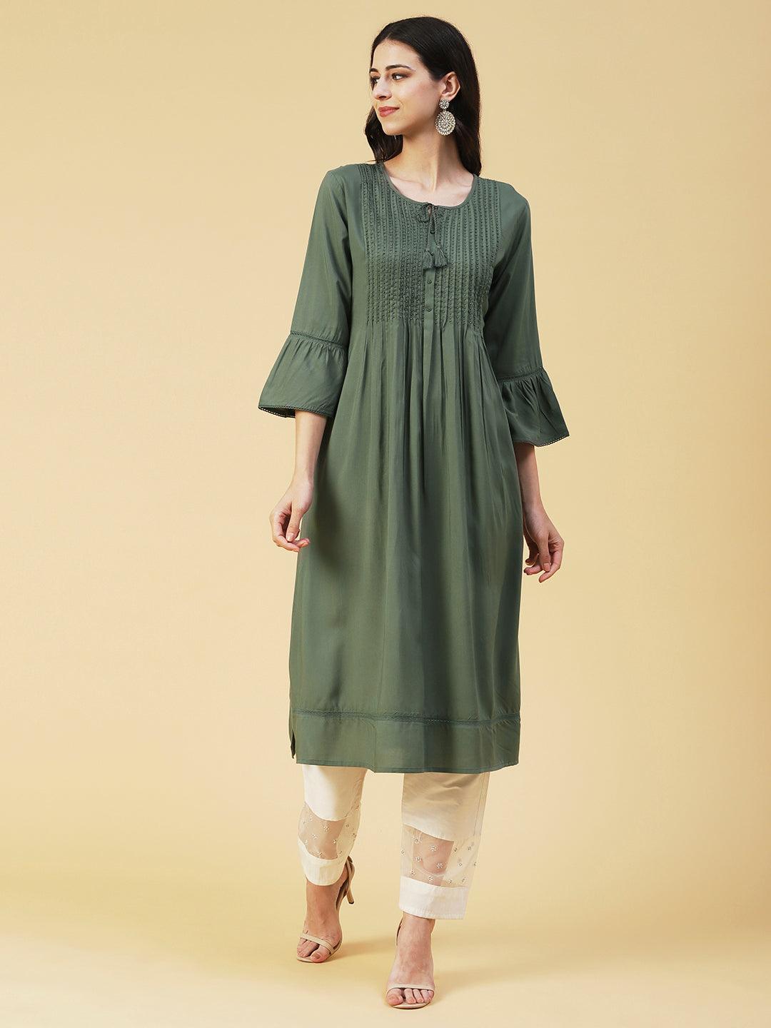 Solid Beads Embroidered Pin Tucks Kurta - Olive - Indiakreations