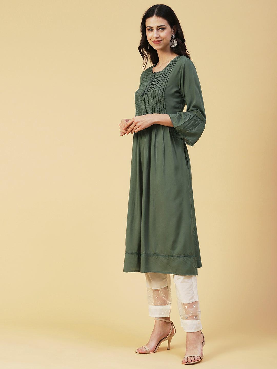 Solid Beads Embroidered Pin Tucks Kurta - Olive - Indiakreations