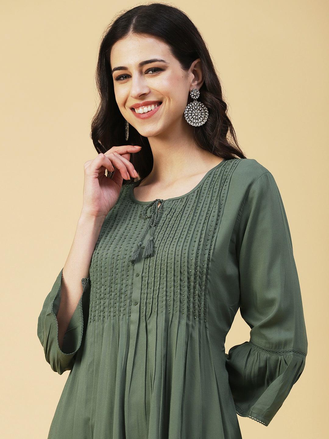 Solid Beads Embroidered Pin Tucks Kurta - Olive - Indiakreations