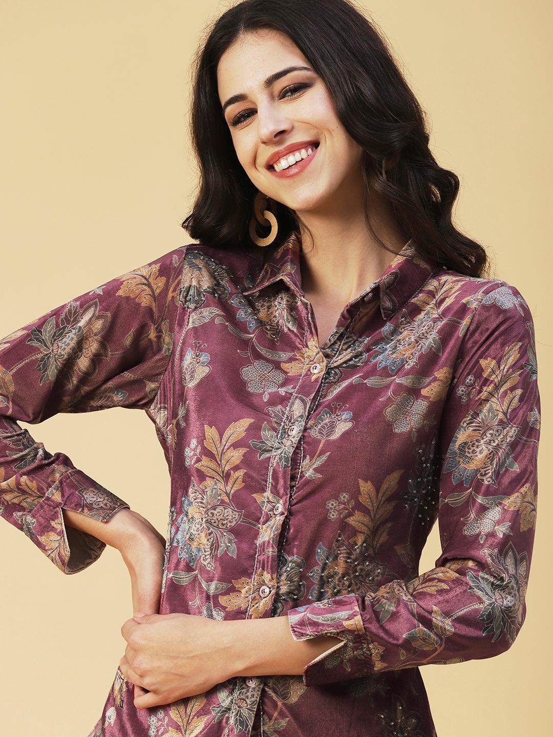 Floral Printed Beaded Shirt With Pants Set - Rose - Indiakreations