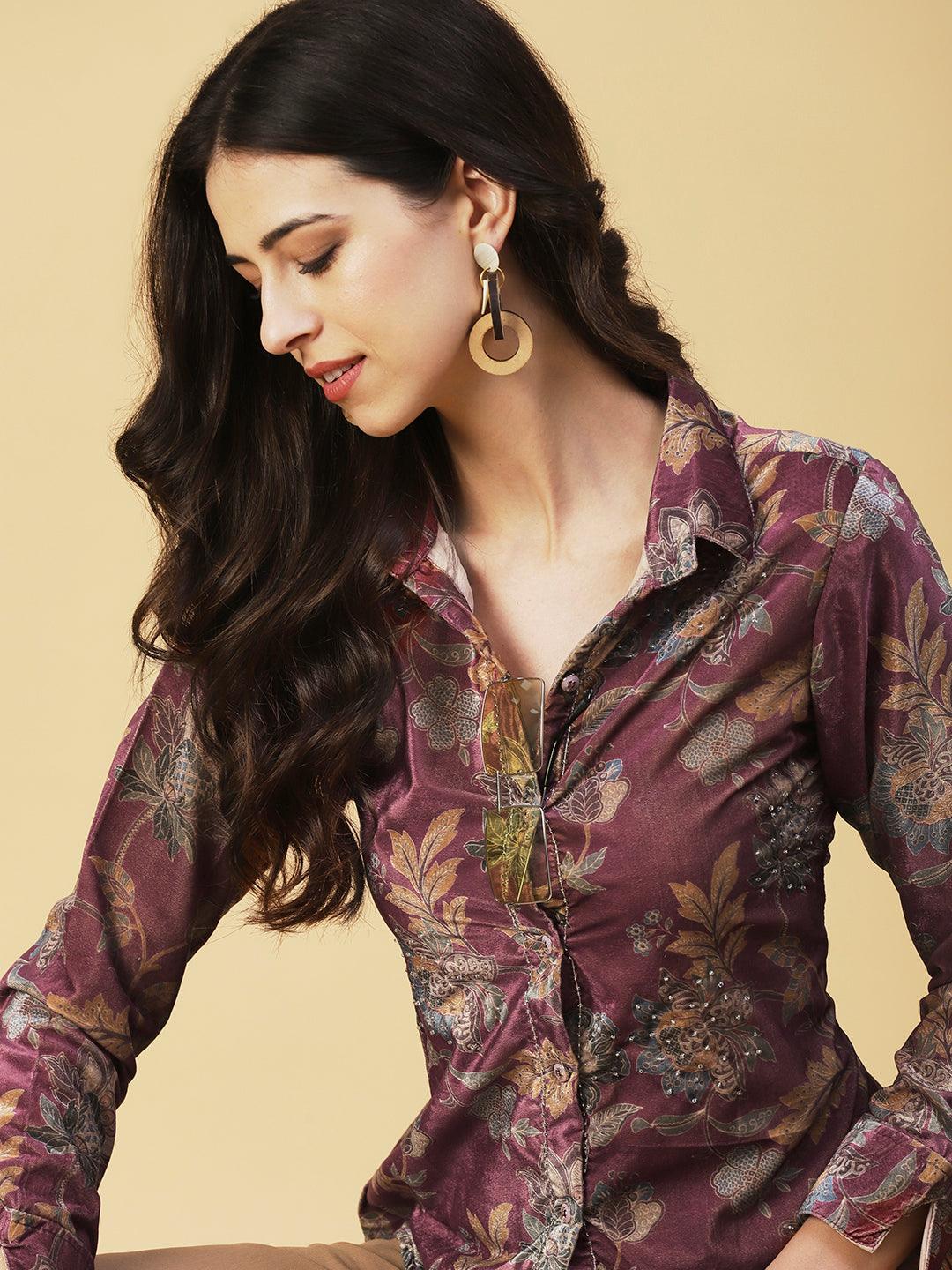 Floral Printed Beaded Shirt With Pants Set - Rose - Indiakreations