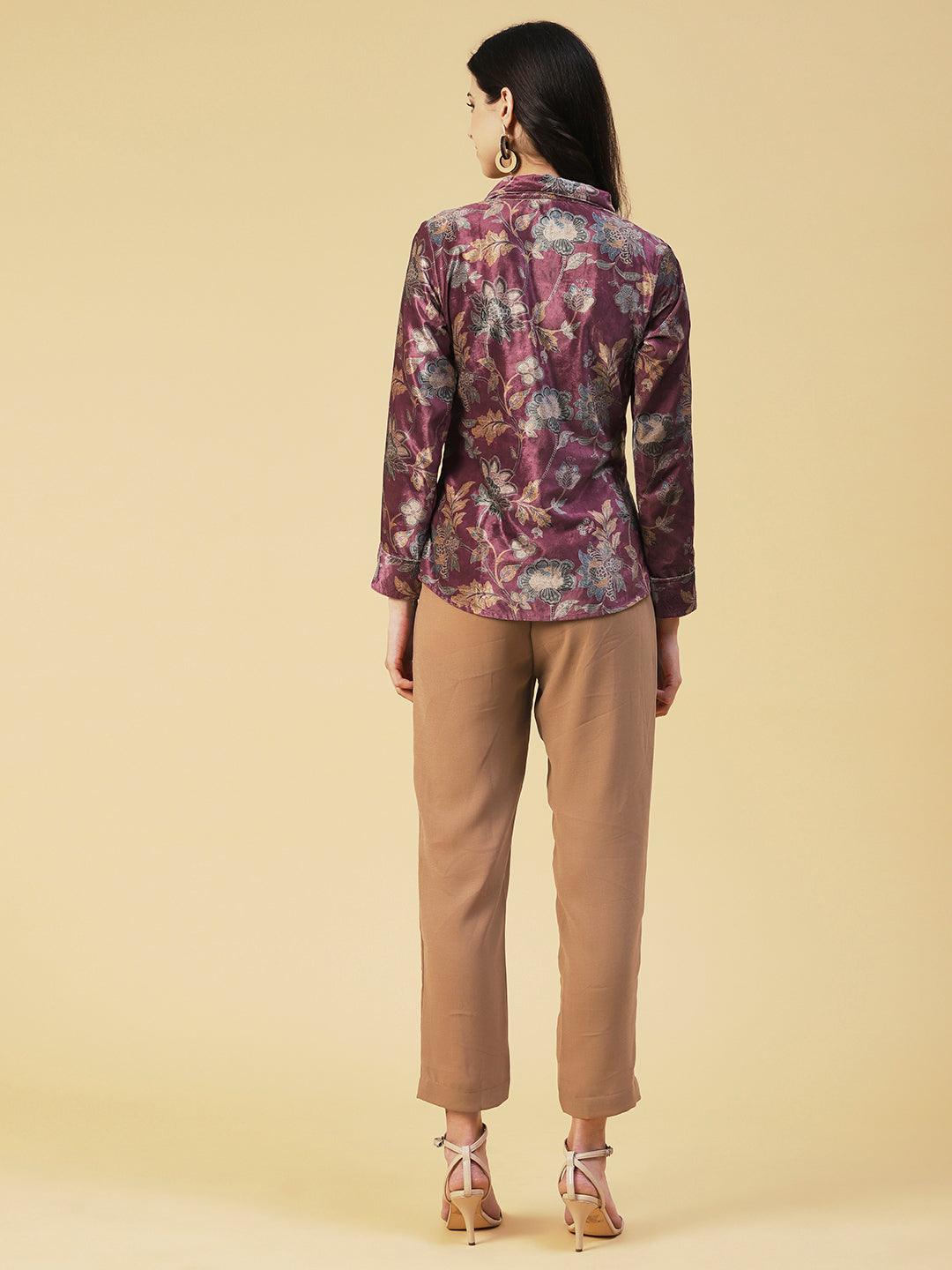 Floral Printed Beaded Shirt With Pants Set - Rose - Indiakreations