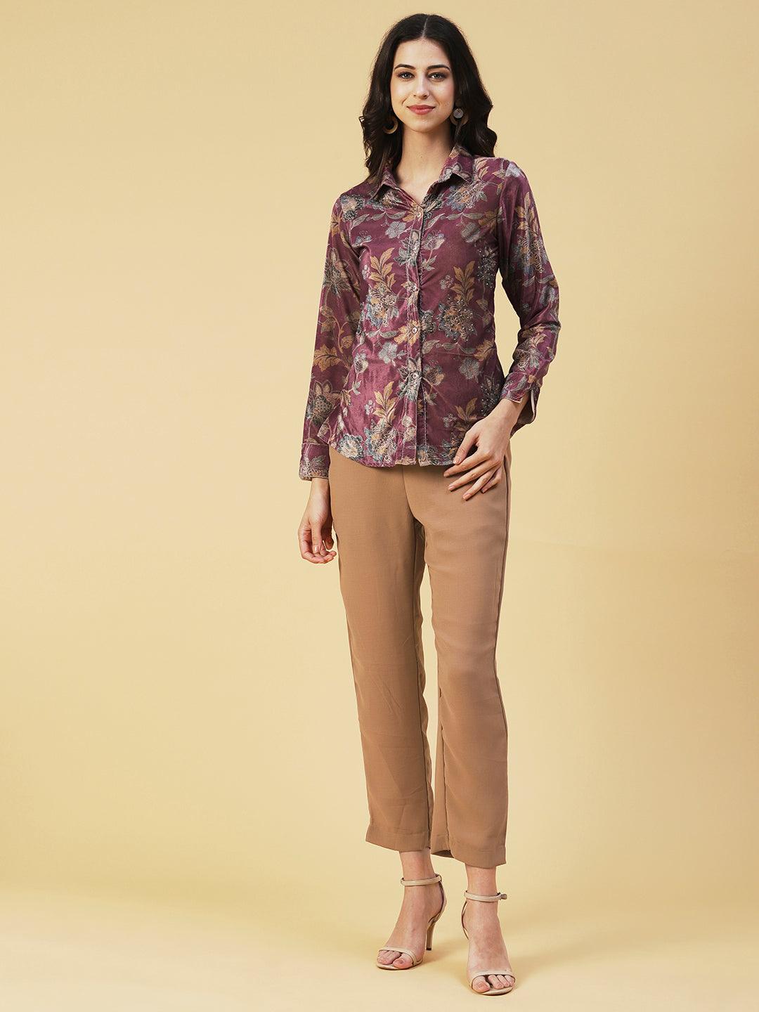 Floral Printed Beaded Shirt With Pants Set - Rose - Indiakreations