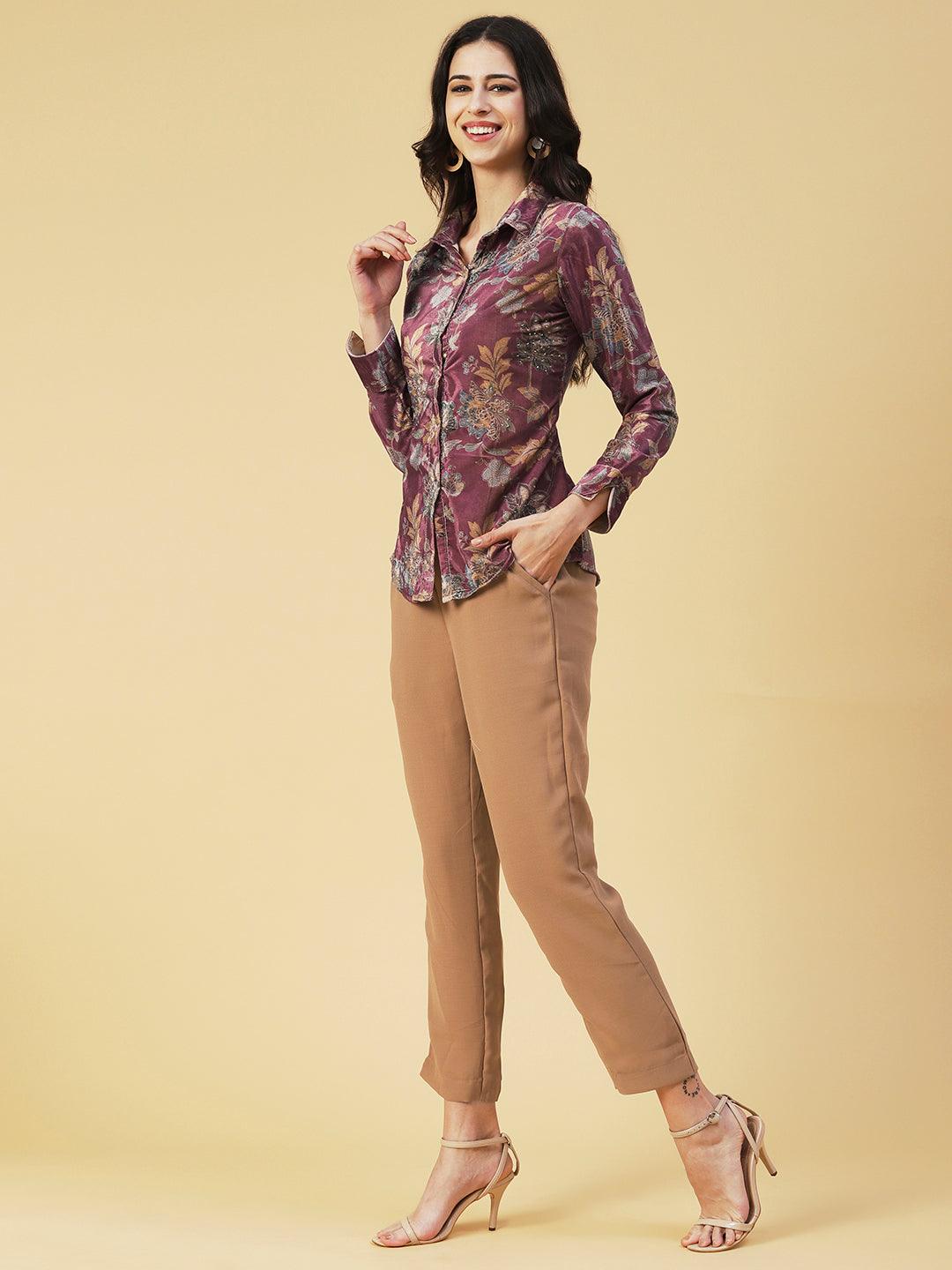 Floral Printed Beaded Shirt With Pants Set - Rose - Indiakreations