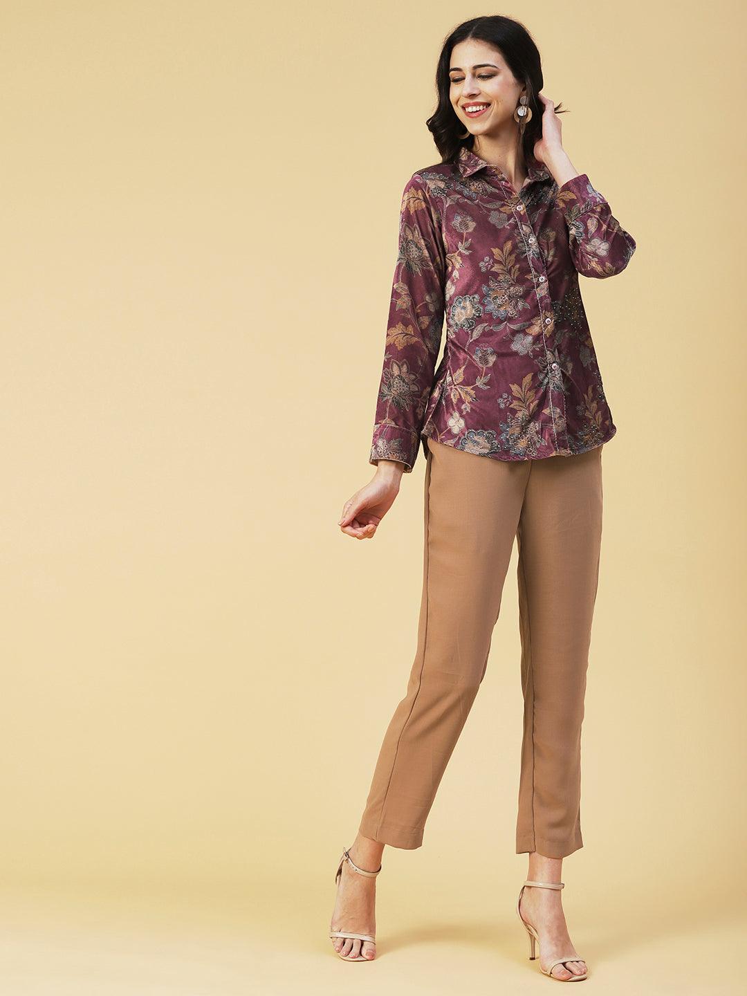 Floral Printed Beaded Shirt With Pants Set - Rose - Indiakreations