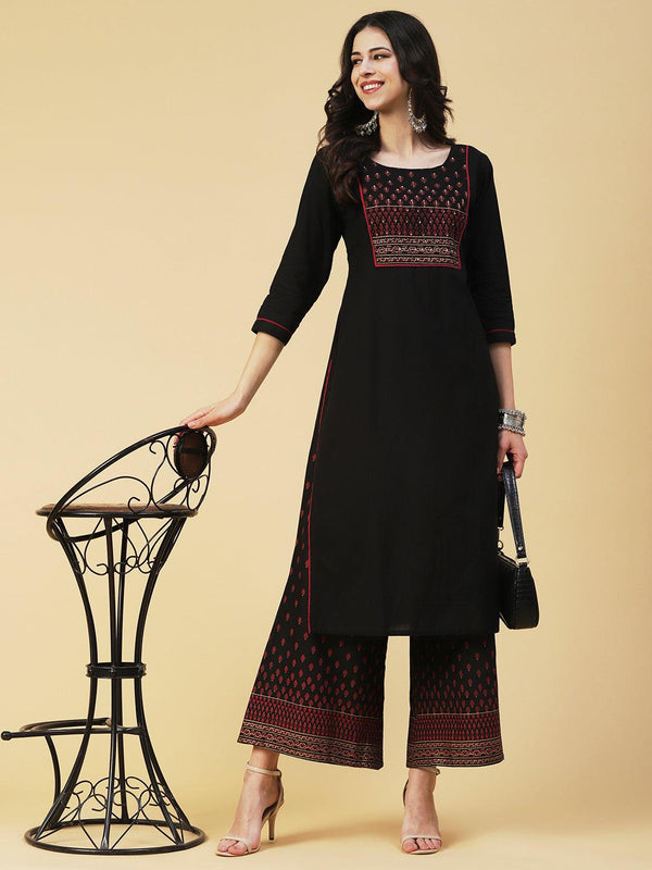 Solid Hand Embroidered Kurta With Printed Palazzo - Black - Indiakreations