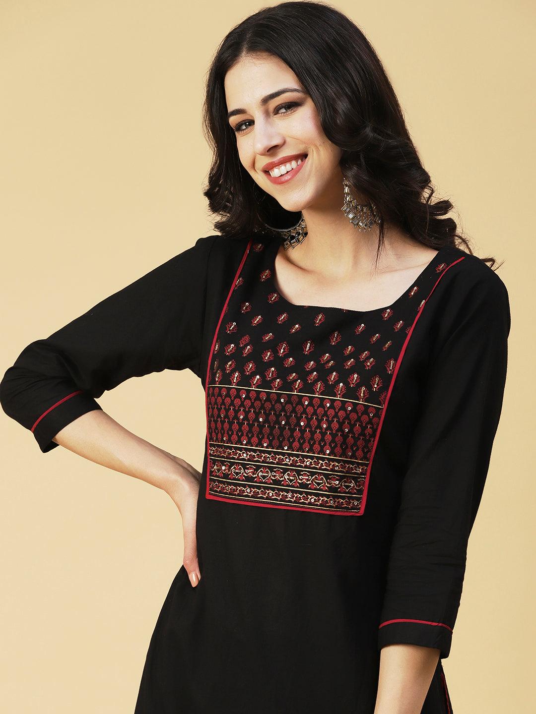 Solid Hand Embroidered Kurta With Printed Palazzo - Black - Indiakreations