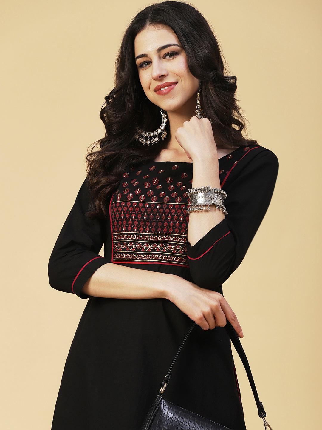 Solid Hand Embroidered Kurta With Printed Palazzo - Black - Indiakreations