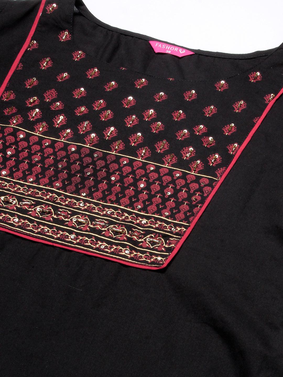 Solid Hand Embroidered Kurta With Printed Palazzo - Black - Indiakreations