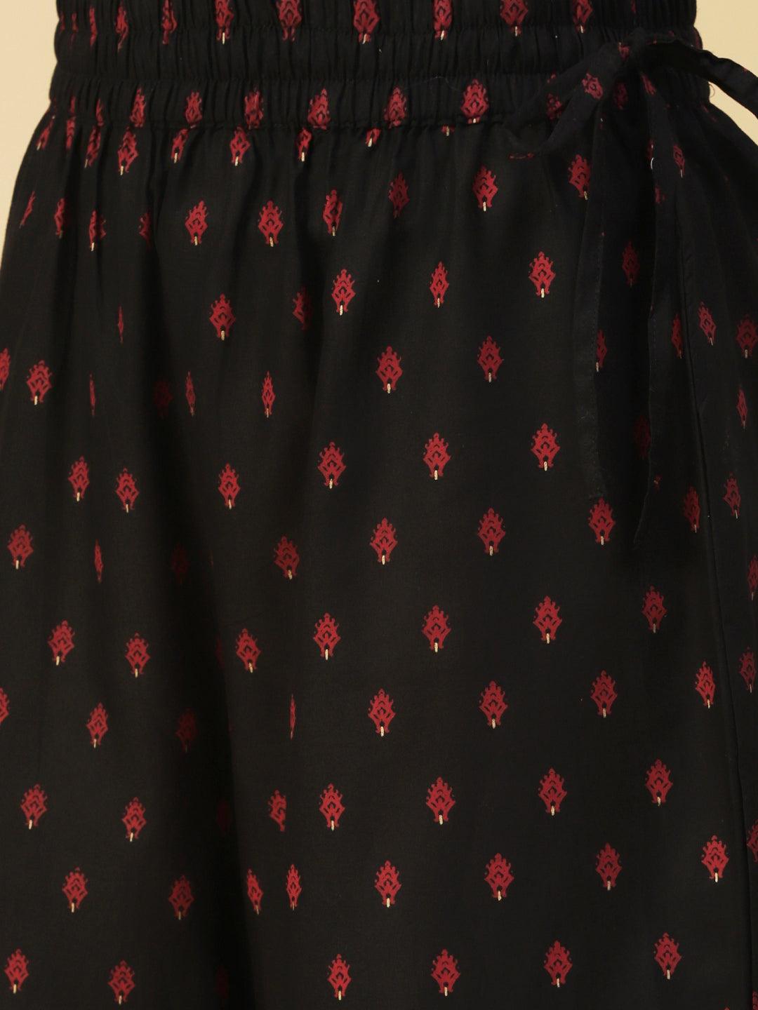 Solid Hand Embroidered Kurta With Printed Palazzo - Black - Indiakreations