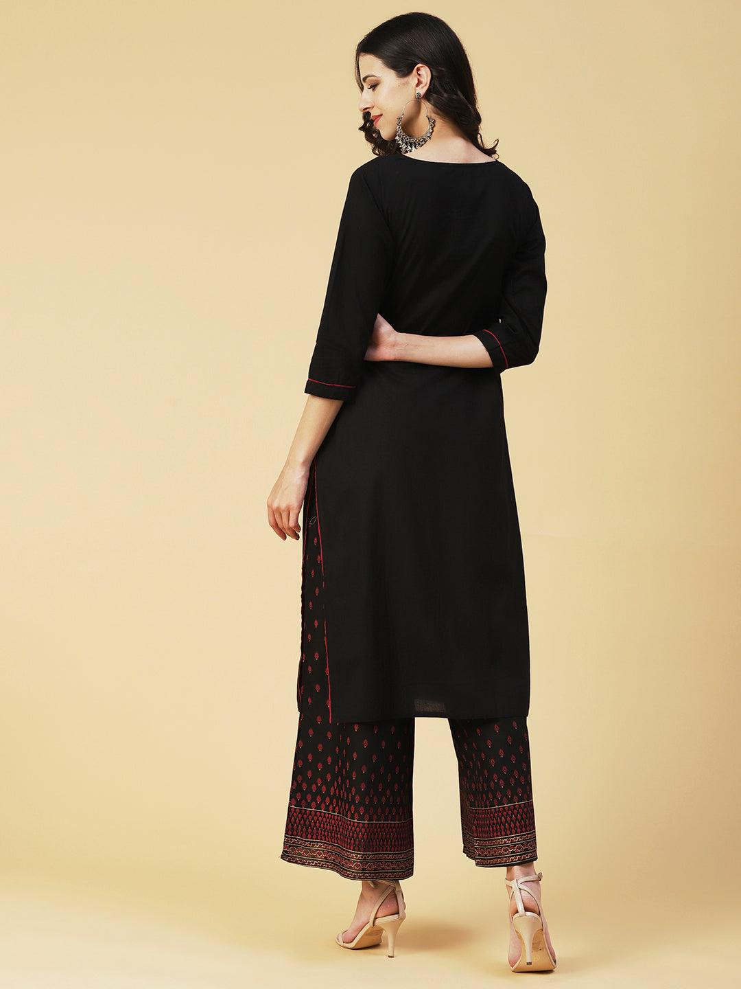 Solid Hand Embroidered Kurta With Printed Palazzo - Black - Indiakreations