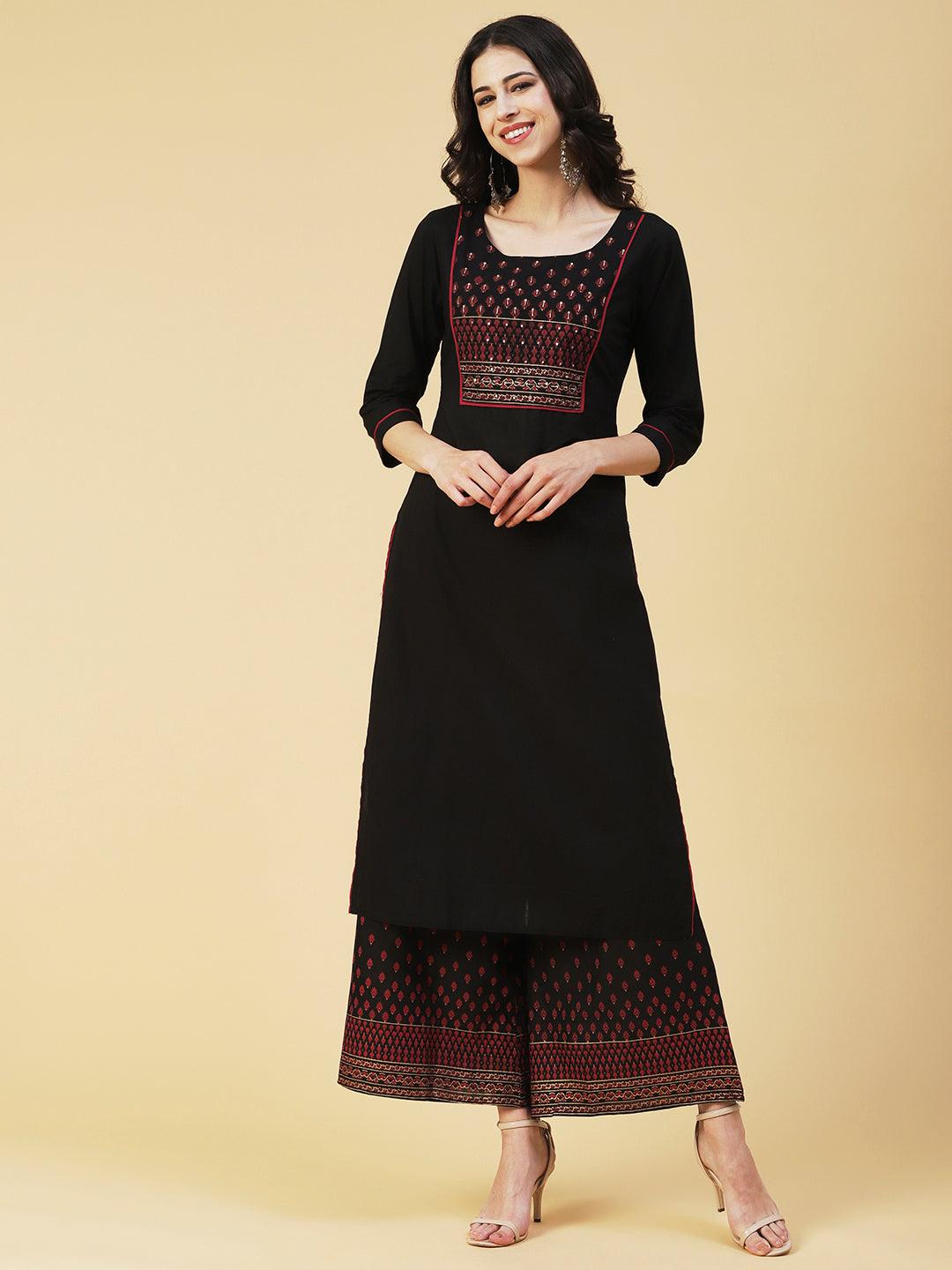 Solid Hand Embroidered Kurta With Printed Palazzo - Black - Indiakreations