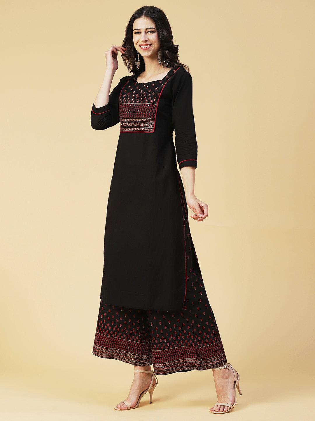 Solid Hand Embroidered Kurta With Printed Palazzo - Black - Indiakreations