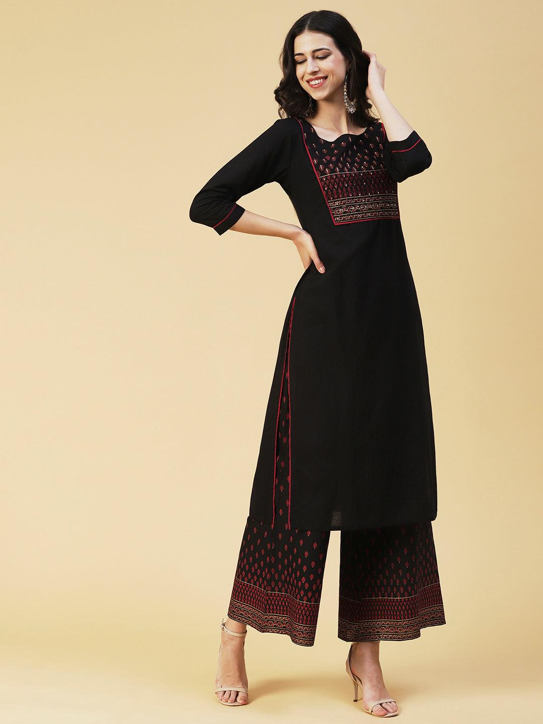 Solid Hand Embroidered Kurta With Printed Palazzo - Black - Indiakreations