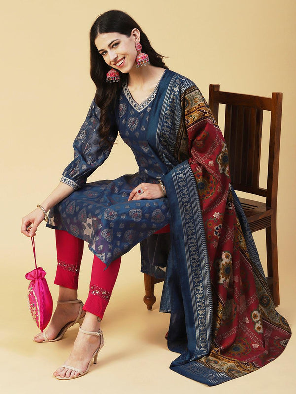 Zari Jacquard Mirror & Zari Embroidered kurta With Printed Dupatta - Blue - Indiakreations