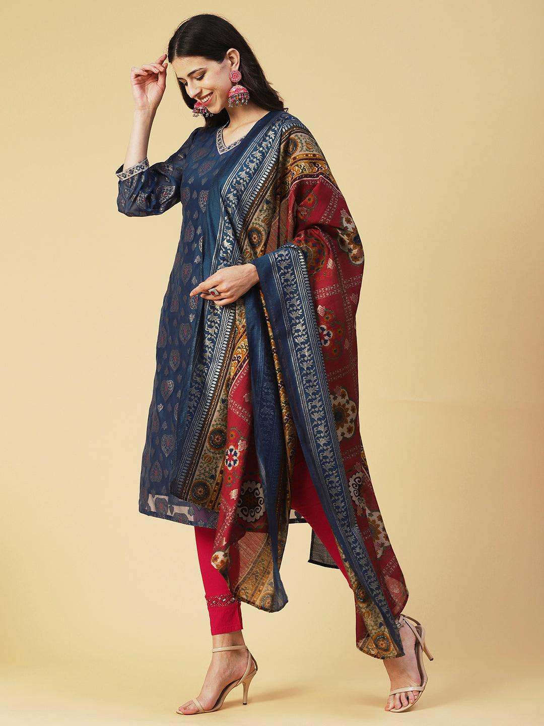 Zari Jacquard Mirror & Zari Embroidered kurta With Printed Dupatta - Blue - Indiakreations