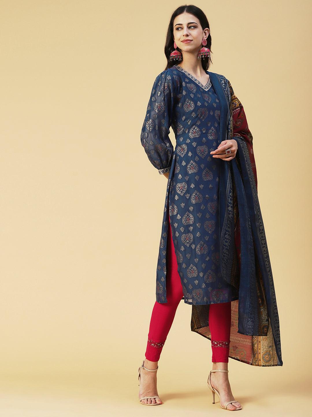 Zari Jacquard Mirror & Zari Embroidered kurta With Printed Dupatta - Blue - Indiakreations