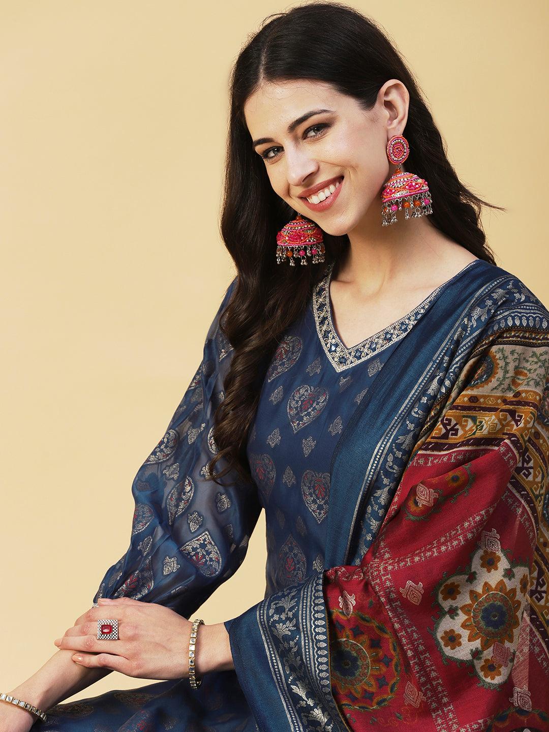 Zari Jacquard Mirror & Zari Embroidered kurta With Printed Dupatta - Blue - Indiakreations