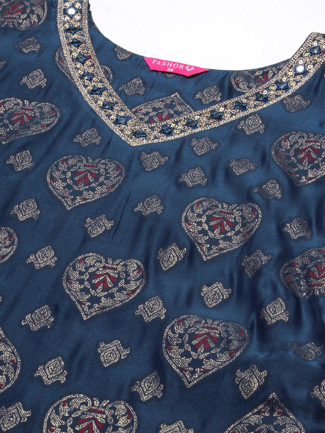 Zari Jacquard Mirror & Zari Embroidered kurta With Printed Dupatta - Blue - Indiakreations