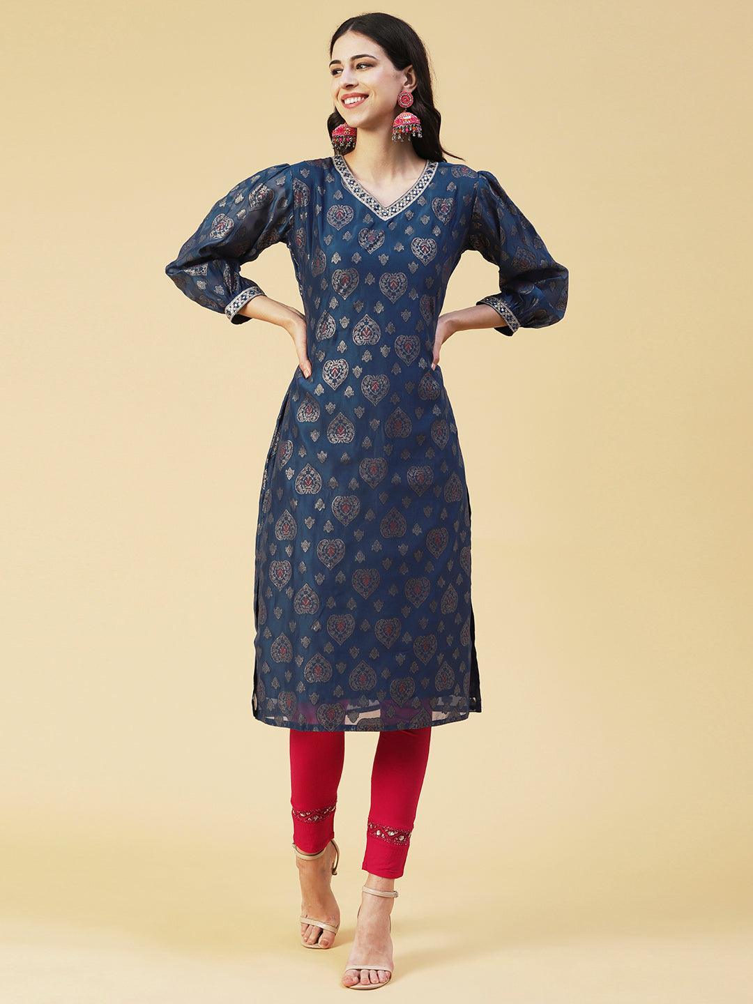 Zari Jacquard Mirror & Zari Embroidered kurta With Printed Dupatta - Blue - Indiakreations