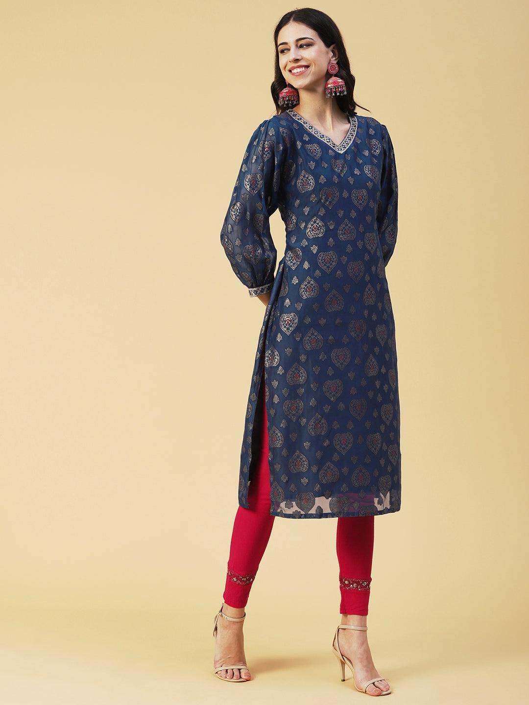 Zari Jacquard Mirror & Zari Embroidered kurta With Printed Dupatta - Blue - Indiakreations