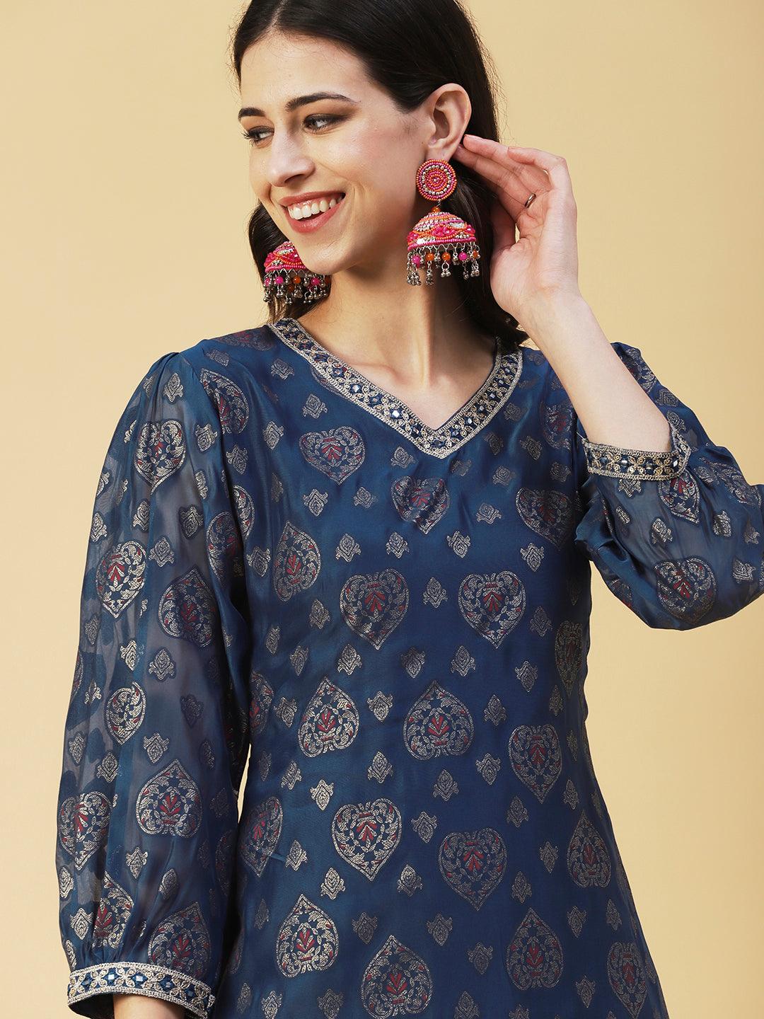 Zari Jacquard Mirror & Zari Embroidered kurta With Printed Dupatta - Blue - Indiakreations