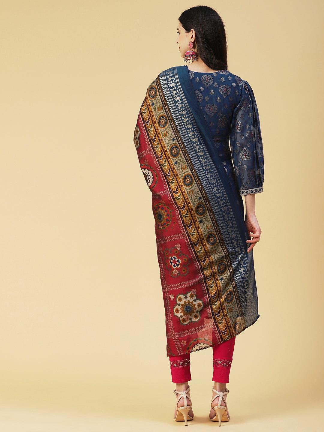 Zari Jacquard Mirror & Zari Embroidered kurta With Printed Dupatta - Blue - Indiakreations