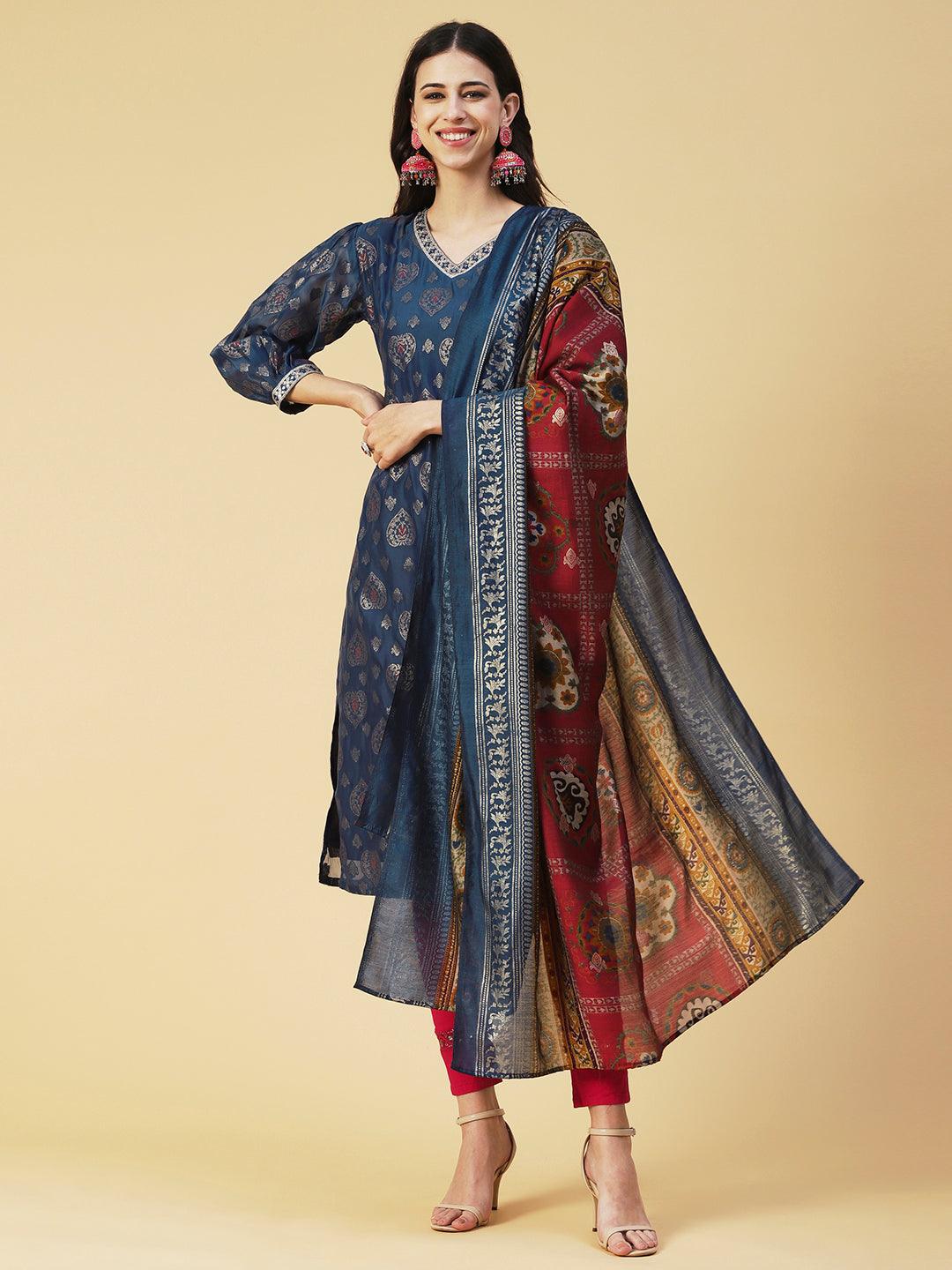 Zari Jacquard Mirror & Zari Embroidered kurta With Printed Dupatta - Blue - Indiakreations