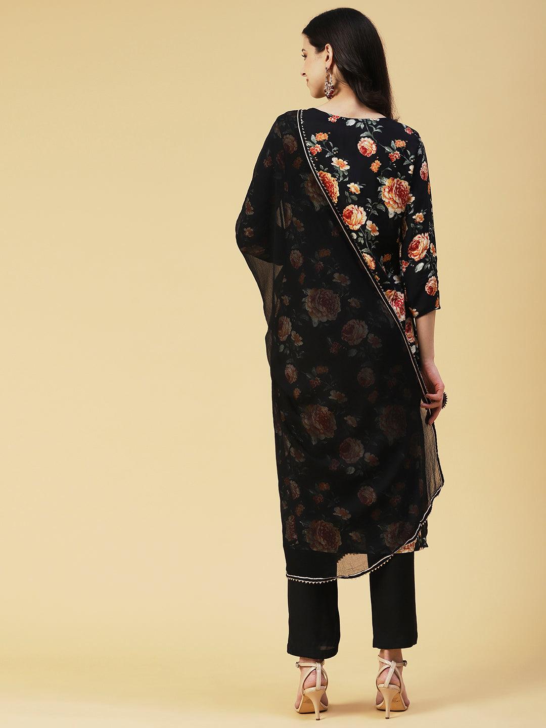 Floral Printed Cutdana & Sequins Embroidered Kurta With Pants & Dupatta - Black - Indiakreations