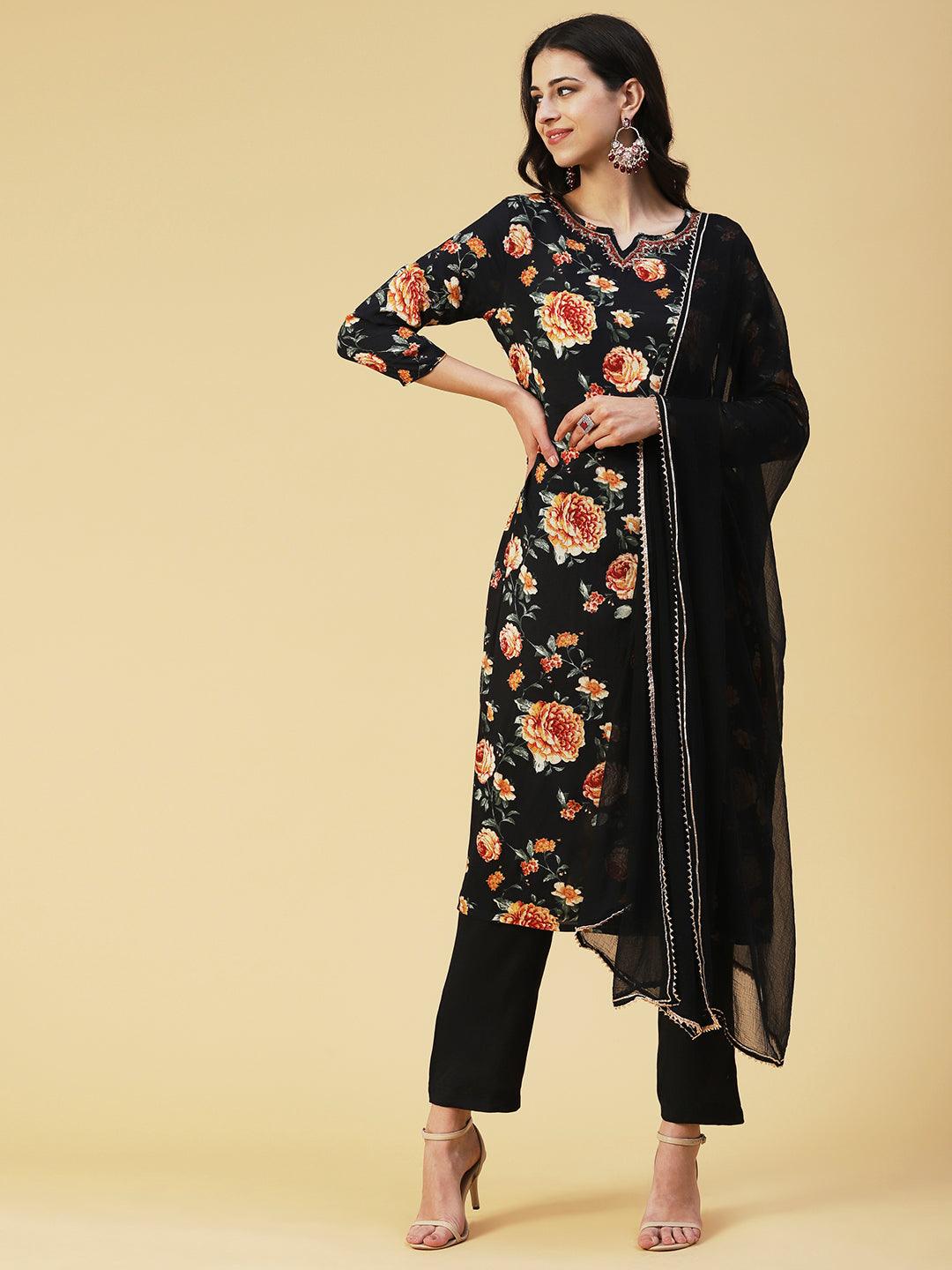 Floral Printed Cutdana & Sequins Embroidered Kurta With Pants & Dupatta - Black - Indiakreations