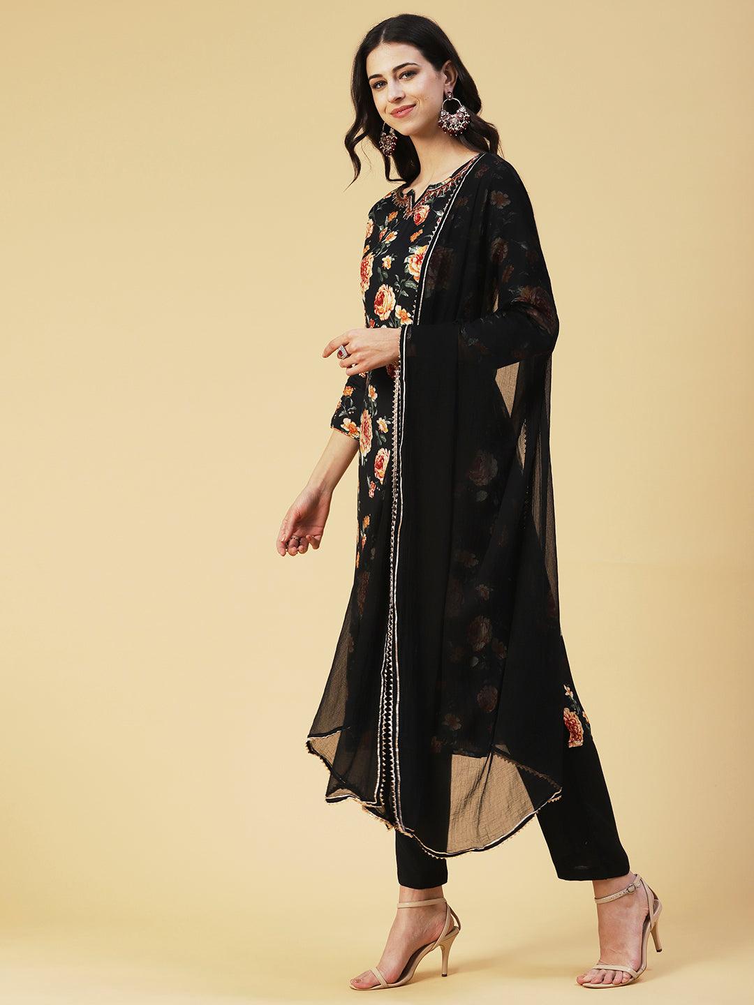 Floral Printed Cutdana & Sequins Embroidered Kurta With Pants & Dupatta - Black - Indiakreations