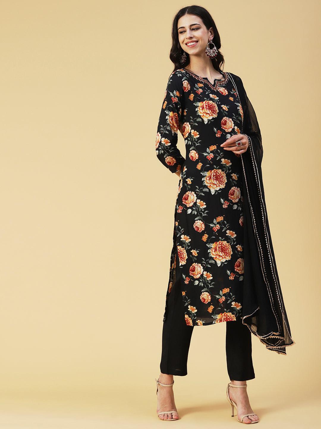 Floral Printed Cutdana & Sequins Embroidered Kurta With Pants & Dupatta - Black - Indiakreations