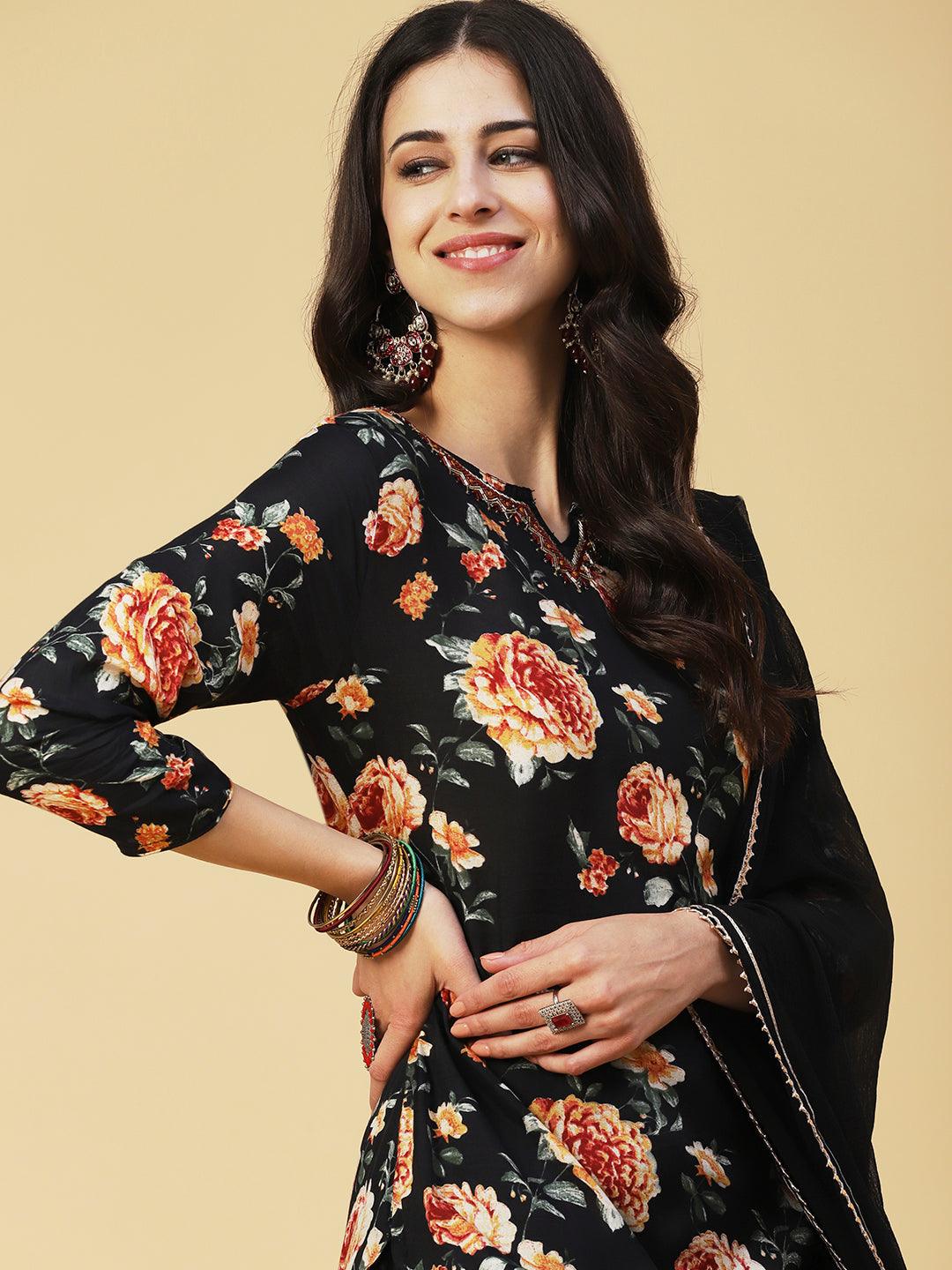 Floral Printed Cutdana & Sequins Embroidered Kurta With Pants & Dupatta - Black - Indiakreations