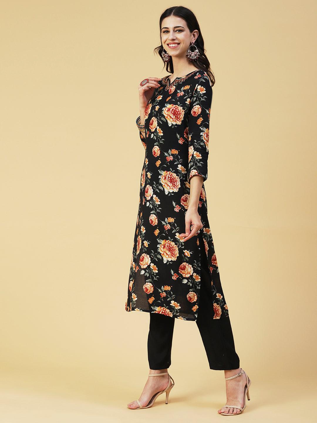 Floral Printed Cutdana & Sequins Embroidered Kurta With Pants & Dupatta - Black - Indiakreations