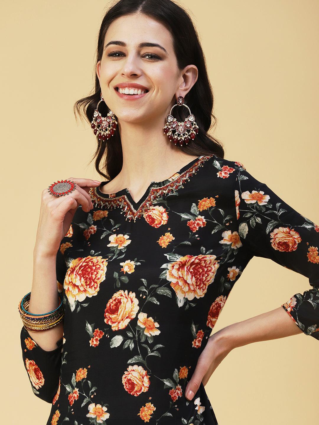 Floral Printed Cutdana & Sequins Embroidered Kurta With Pants & Dupatta - Black - Indiakreations