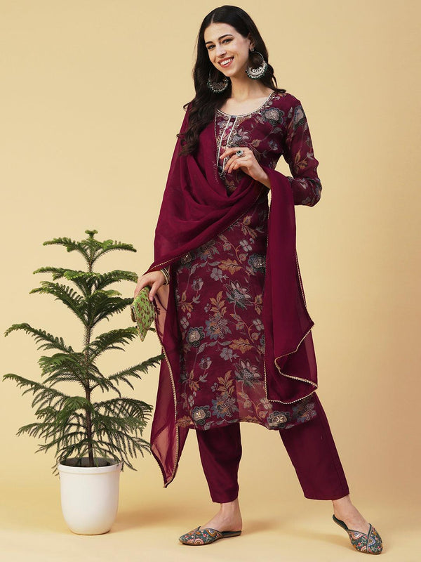 Floral Printed Hand Embroidered Kurta With Pants & Dupatta - Maroon - Indiakreations