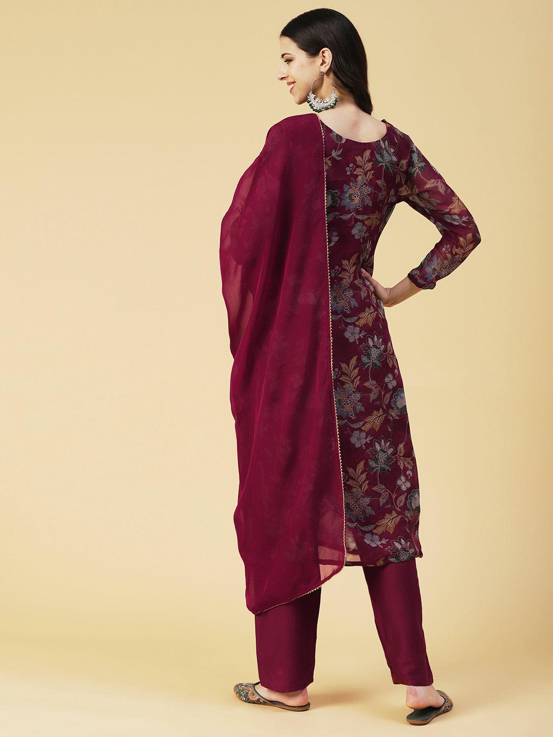 Floral Printed Hand Embroidered Kurta With Pants & Dupatta - Maroon - Indiakreations