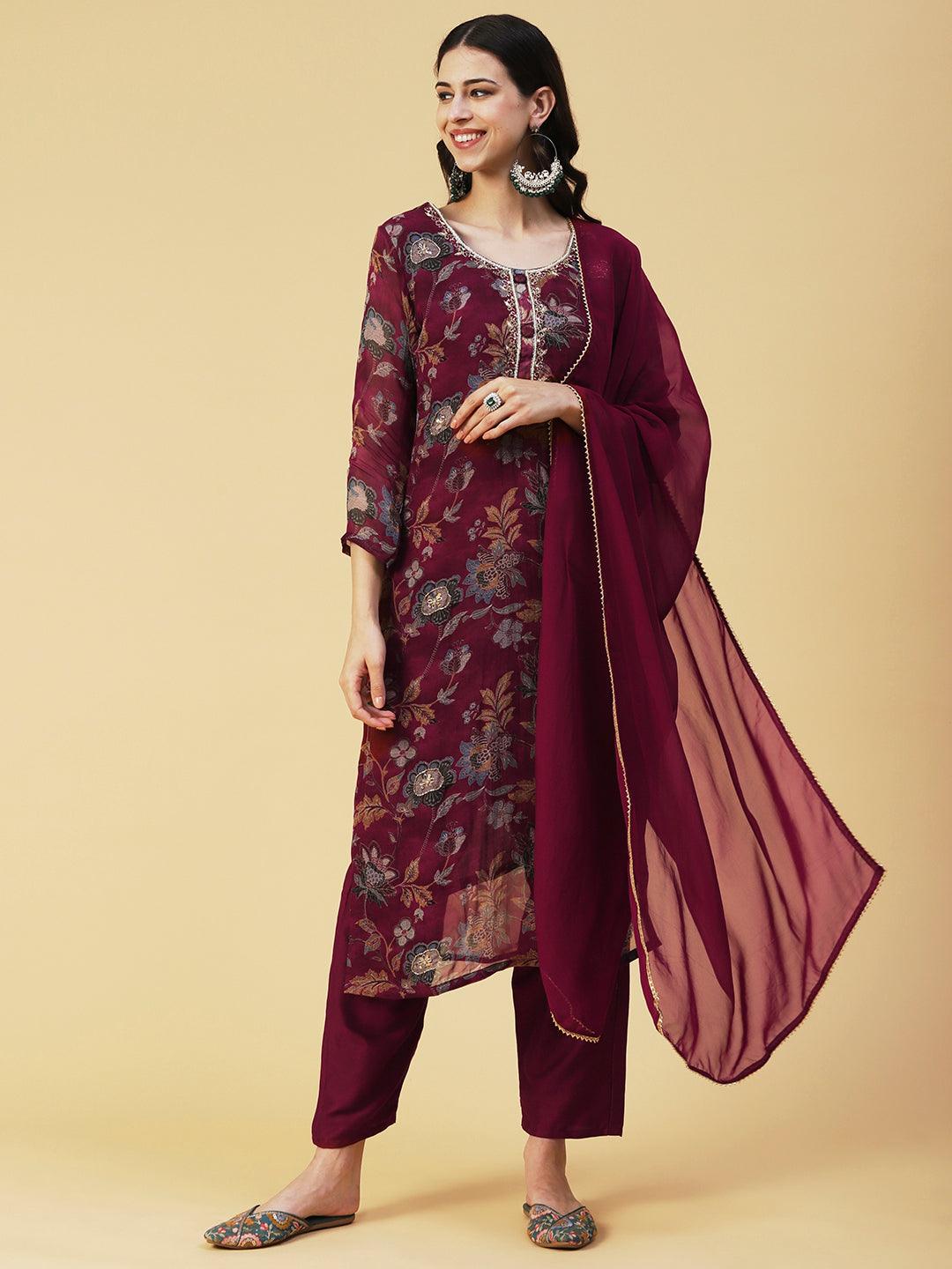 Floral Printed Hand Embroidered Kurta With Pants & Dupatta - Maroon - Indiakreations