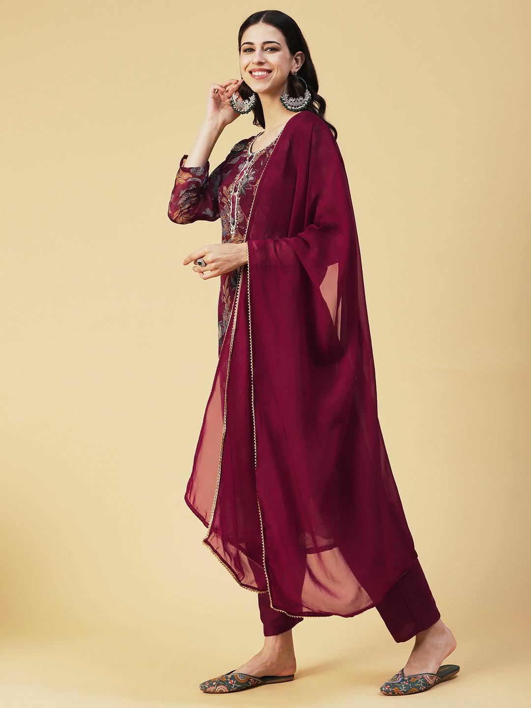 Floral Printed Hand Embroidered Kurta With Pants & Dupatta - Maroon - Indiakreations