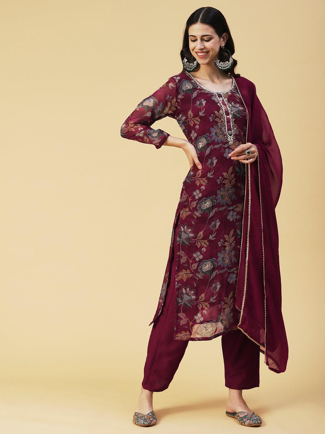 Floral Printed Hand Embroidered Kurta With Pants & Dupatta - Maroon - Indiakreations