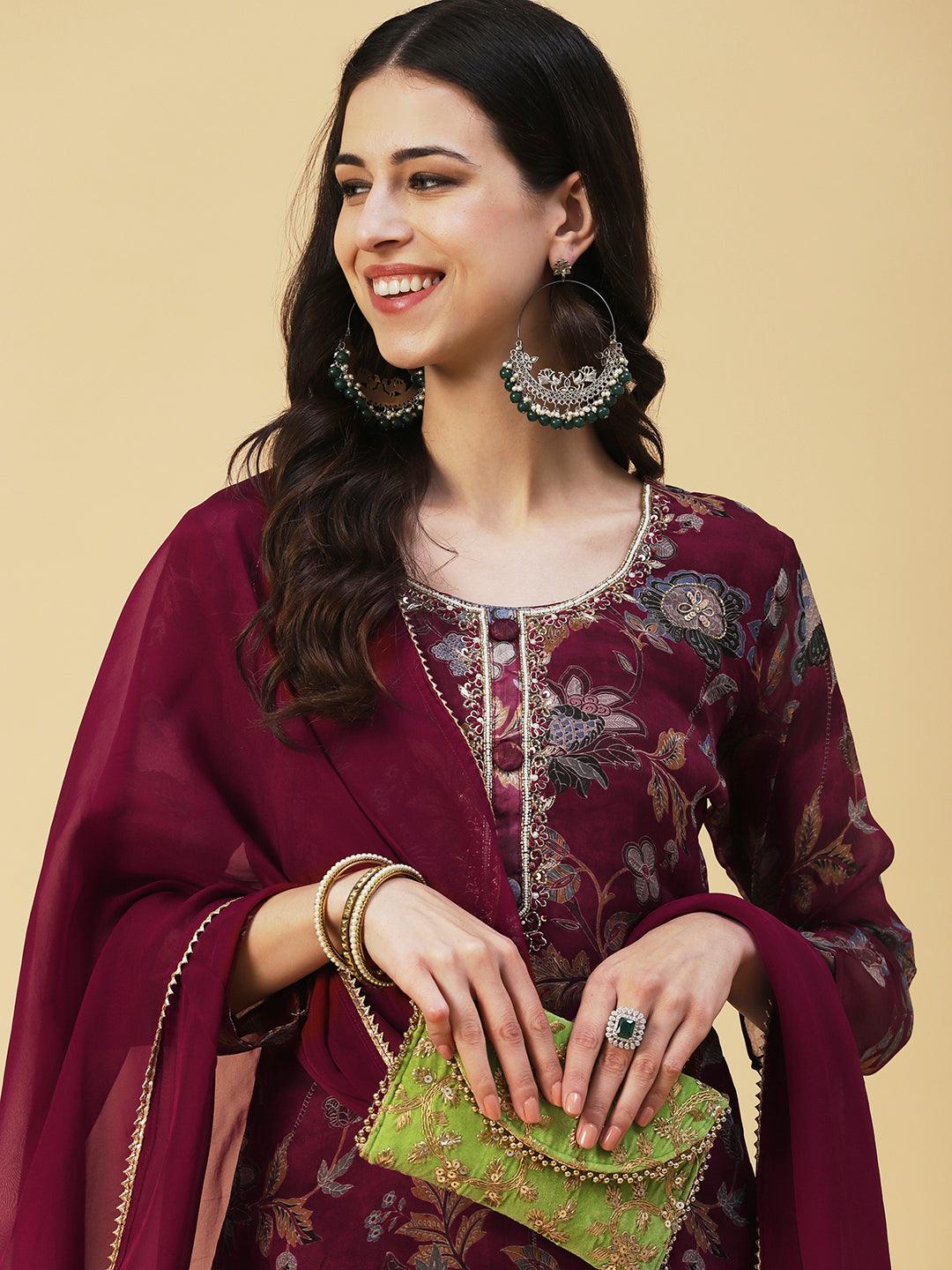 Floral Printed Hand Embroidered Kurta With Pants & Dupatta - Maroon - Indiakreations