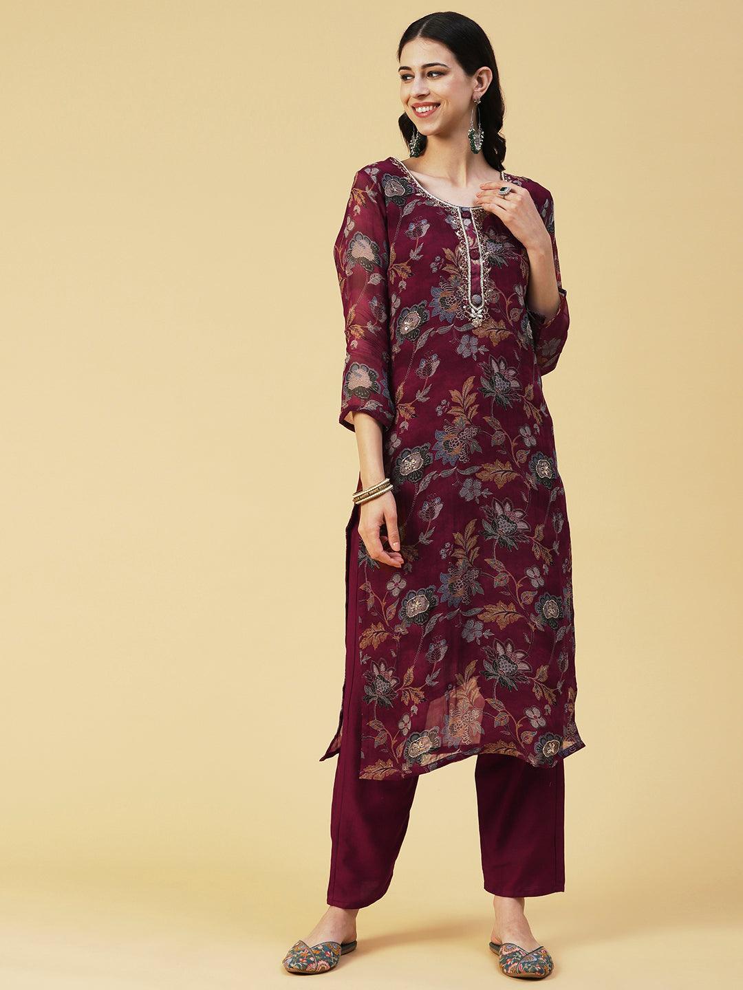 Floral Printed Hand Embroidered Kurta With Pants & Dupatta - Maroon - Indiakreations