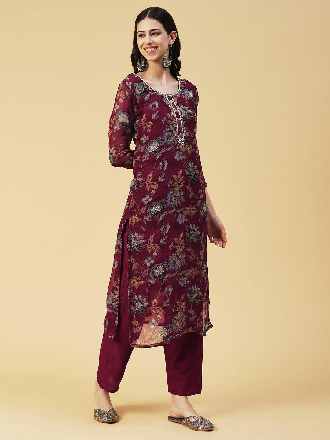 Floral Printed Hand Embroidered Kurta With Pants & Dupatta - Maroon - Indiakreations