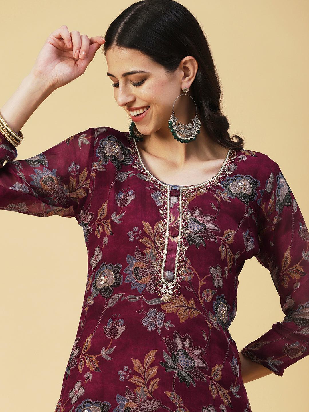 Floral Printed Hand Embroidered Kurta With Pants & Dupatta - Maroon - Indiakreations