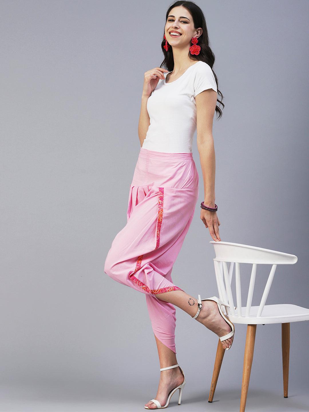 Solid Pink Cotton Dhoti Pant - Pink - Indiakreations