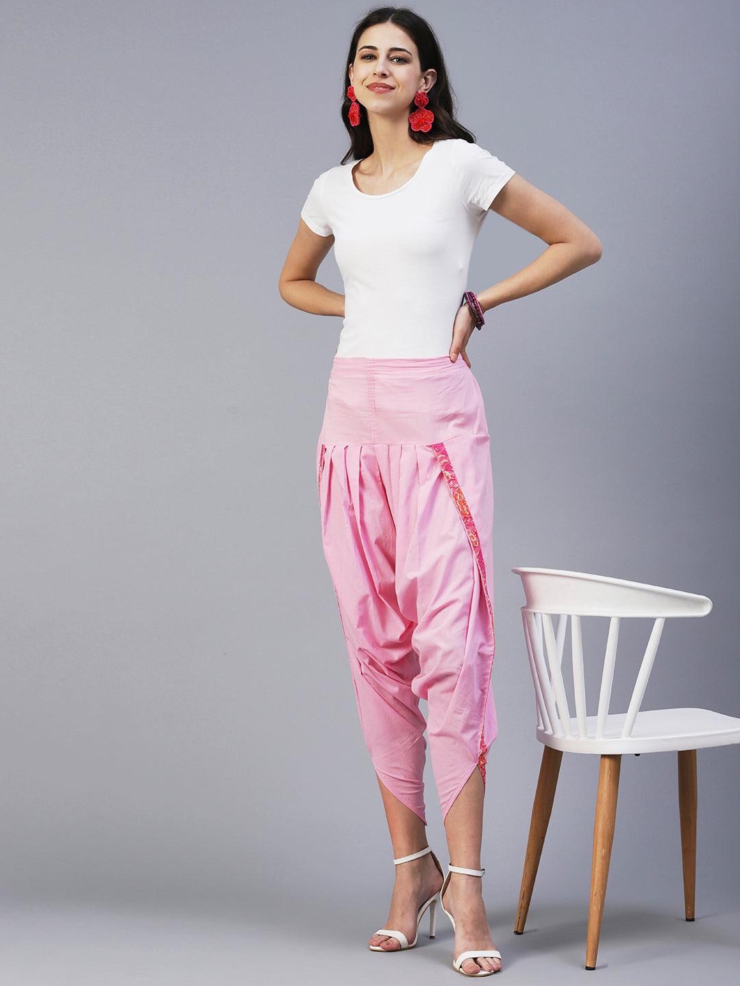 Solid Pink Cotton Dhoti Pant - Pink - Indiakreations